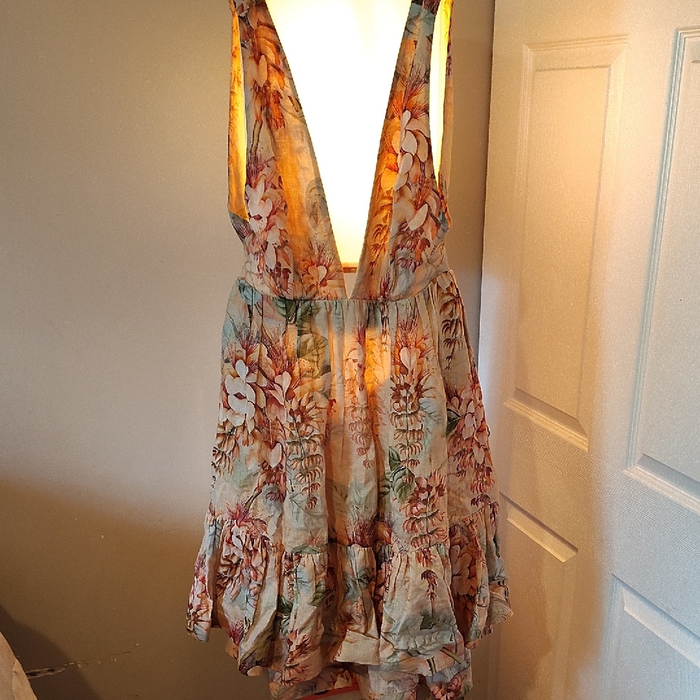 Zimmermann Orange Brown Plunge Neck Sundress